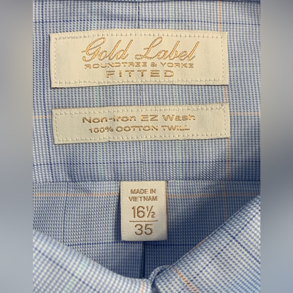 Gold Label Roundtree & Yorke Fitted Dress Shirt Blue Grid Check Size 16 1/2 - 35 - Picture 7 of 11